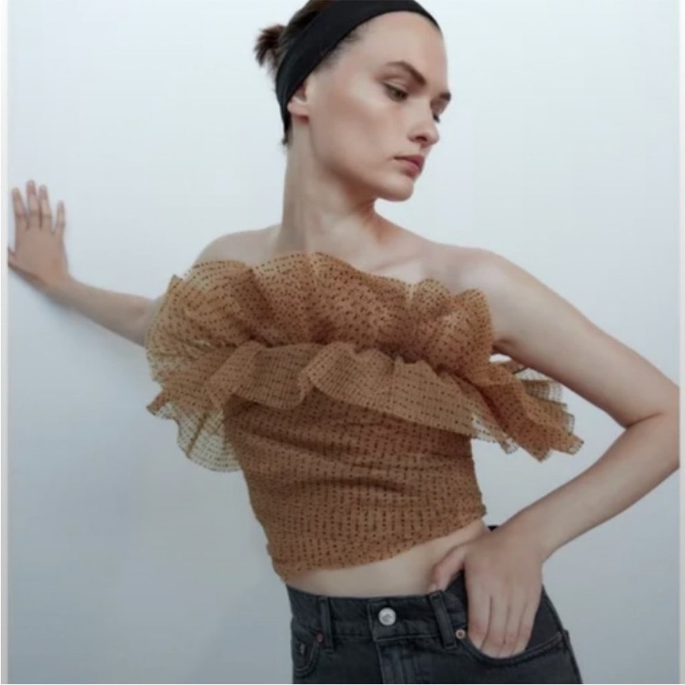 Zara Tan Ruffled Off-Shoulder Blouse - Picture 5 of 14